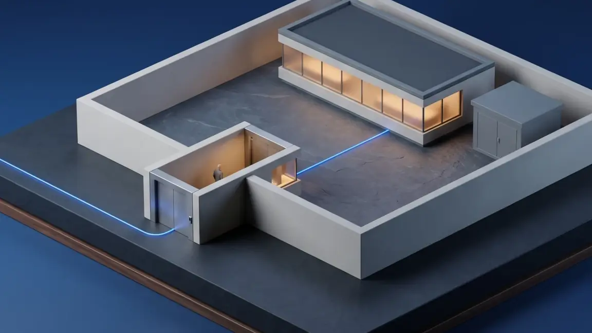 Illustration : un site en maquette vu de haut, ceint d’un mur ; un poste de garde contrôle l’unique entrée, un fil lumineux y arrive.