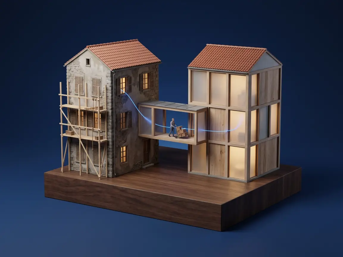 Illustration : une maison ancienne sous échafaudage reliée par une passerelle à un bâtiment neuf ; on y transporte des caisses le long d’un fil lumineux.